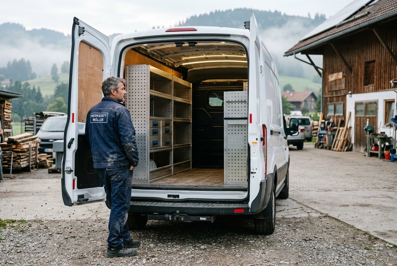 Handwerker am offenen Heck seines Transporters mit leerer Aluminium-Fahrzeugeinrichtung auf einem Werkstatthof im Allgäu